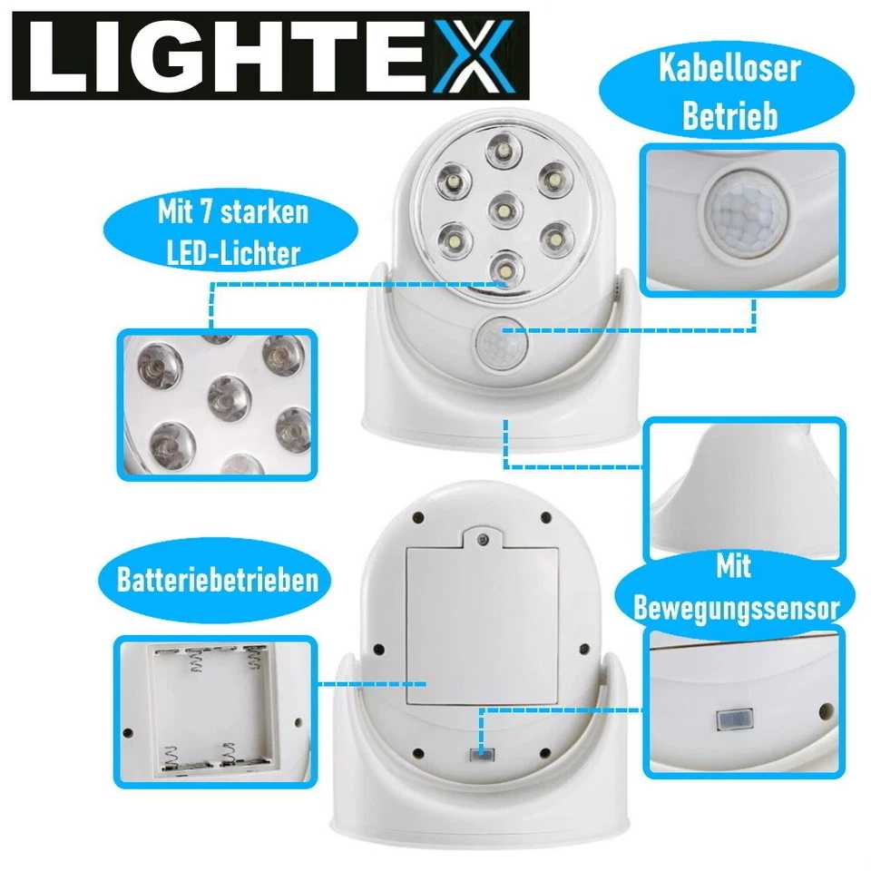 LIGHTEX LED Wandlampe Wandleuchte mit Bewegungsmelder Batterie Innen Außen - Bild 3 von 4