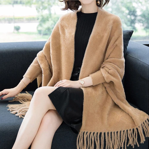 Womens Cape Poncho Outwear Warm Elegant Faux Fur Tassel Sleeves Shawl Cloak Coat - Bild 31 von 32