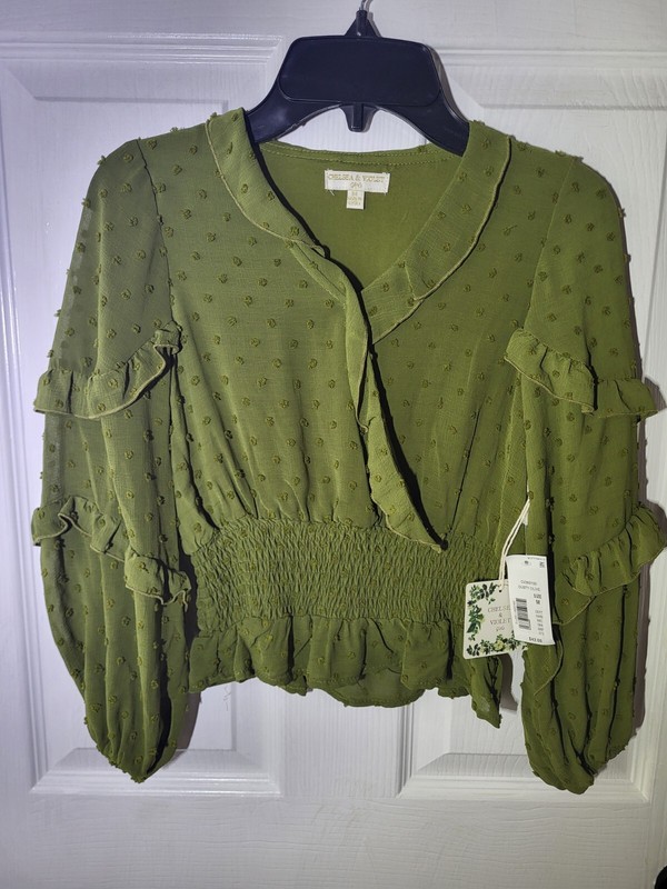 Chelsea And Violet Girl Balloon Sleeve Woven Ruffledclip Dot Shirt Blouse Green 