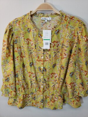 NWT Sam Edelman Large Green Floral Button Up Blouse Elastic Waist Pleated Detail