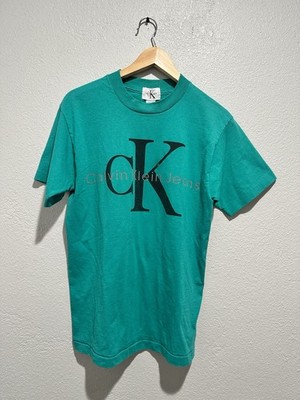 Vintage 90s Calvin Klein Jeans Big Logo T Shirt M Jade Green Single Stitch USA