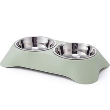 Medium Double Dog Bowl Green Non Slip Stainless Steel for Food and Water