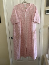 Miss Elaine Pink Seersucker House Dress Zipper, Pockets Sz LARGE Short Sleeve