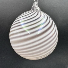 Hand Blown Art Glass Striped Christmas Ornament Orb Swirl 4” Grey White