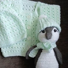 Hand Crochet Cardigan with Hat and soft toy penguin with scarf and bobble hat