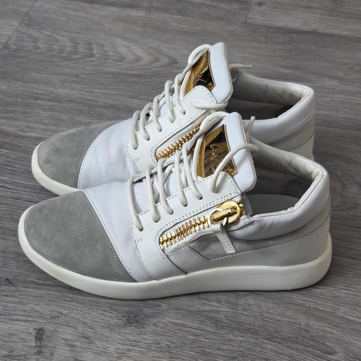 Giuseppe Zanotti White Grey Leather Gold Zip High Top Sneakers