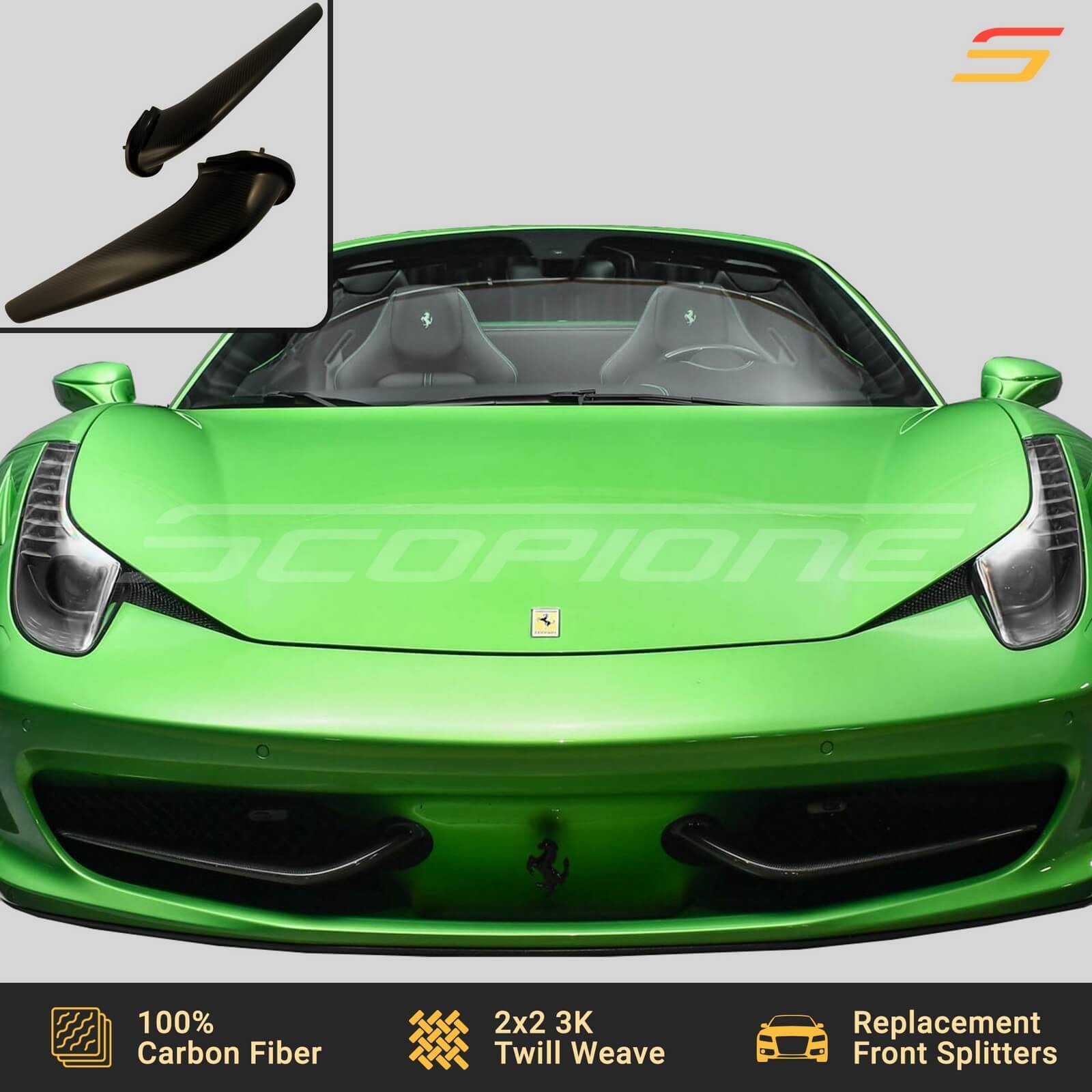 Scopione Carbon Fiber Front Bumper Splitters Wings for Ferrari 458 Italia Spider
