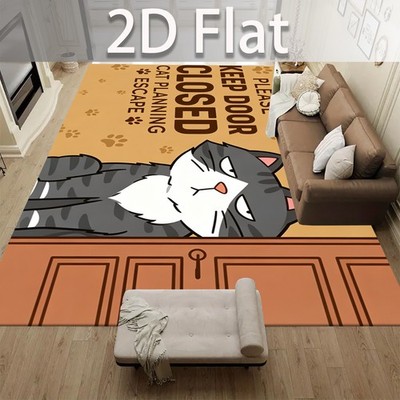 2D Flat Cat Pattern Keep Door Closed Rug,Living Room Non-Slip Extra Large Recta