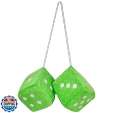 Fuzzy Plush Dice for Car Mirror, 1 Pair of Square Retro 3  Green Dice with Wh