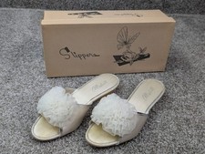 Vtg Satin Boudoir Slippers Women 5B White Chiffon Pom Poms 1950s Postwar Glamour