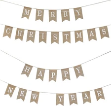 Mandala Crafts Merry Christmas Burlap Banner Garland - Beige, White 