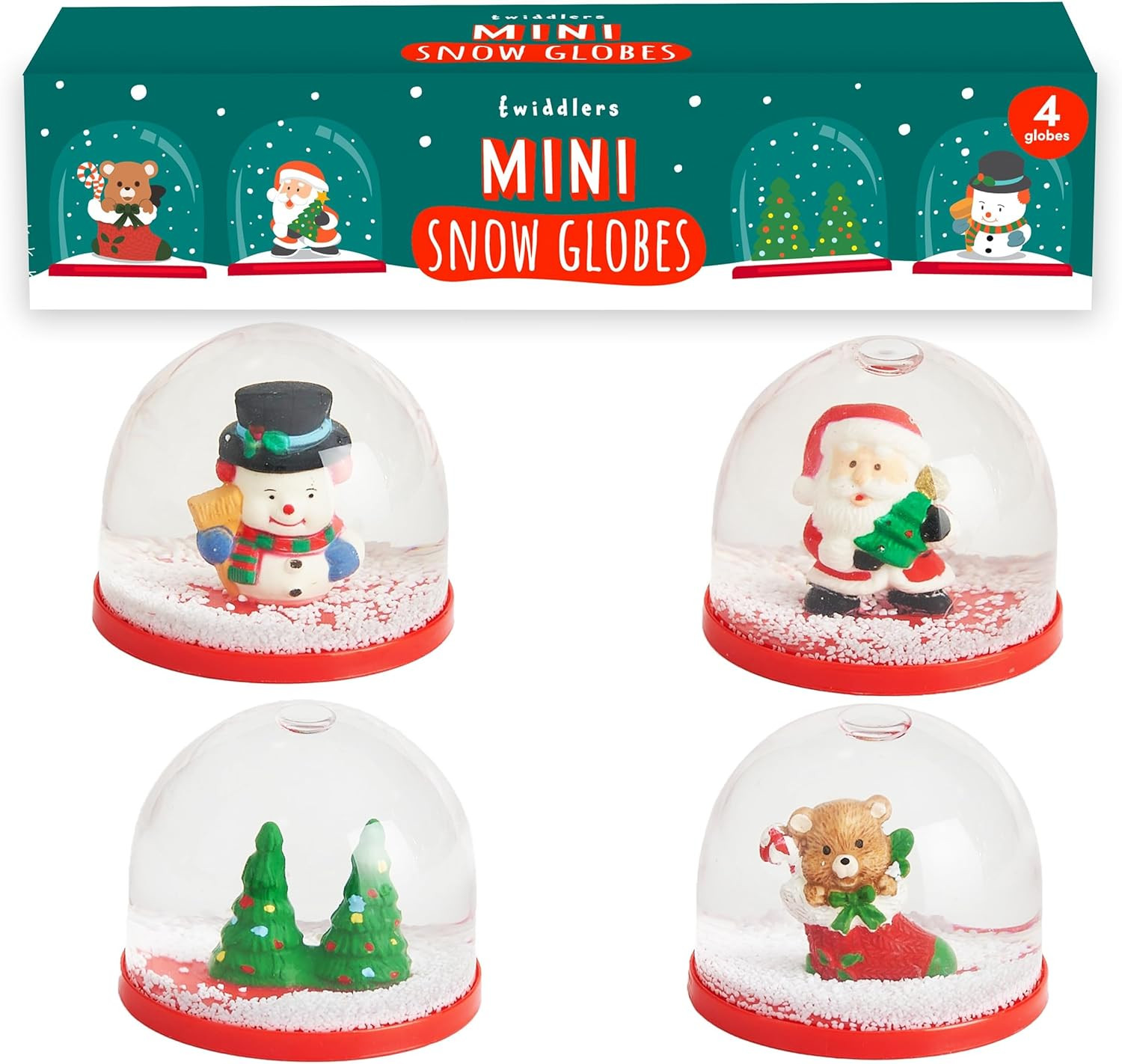 THE TWIDDLERS - 4 Mini Christmas Snow Globes, 2 Inch - Assorted Xmas Festive Des