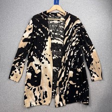 Nic  Zoe Cardigan Womens Large Black Beige Abstract Linen Blend Open Front Art