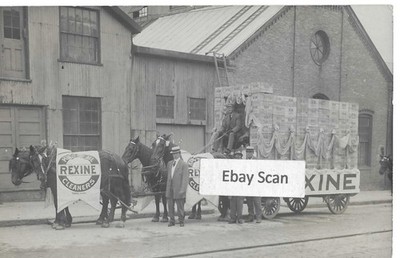 Real Photo Postcard-Horse-drawn parade float,advertising Rexine, Sheboygan, Wis.