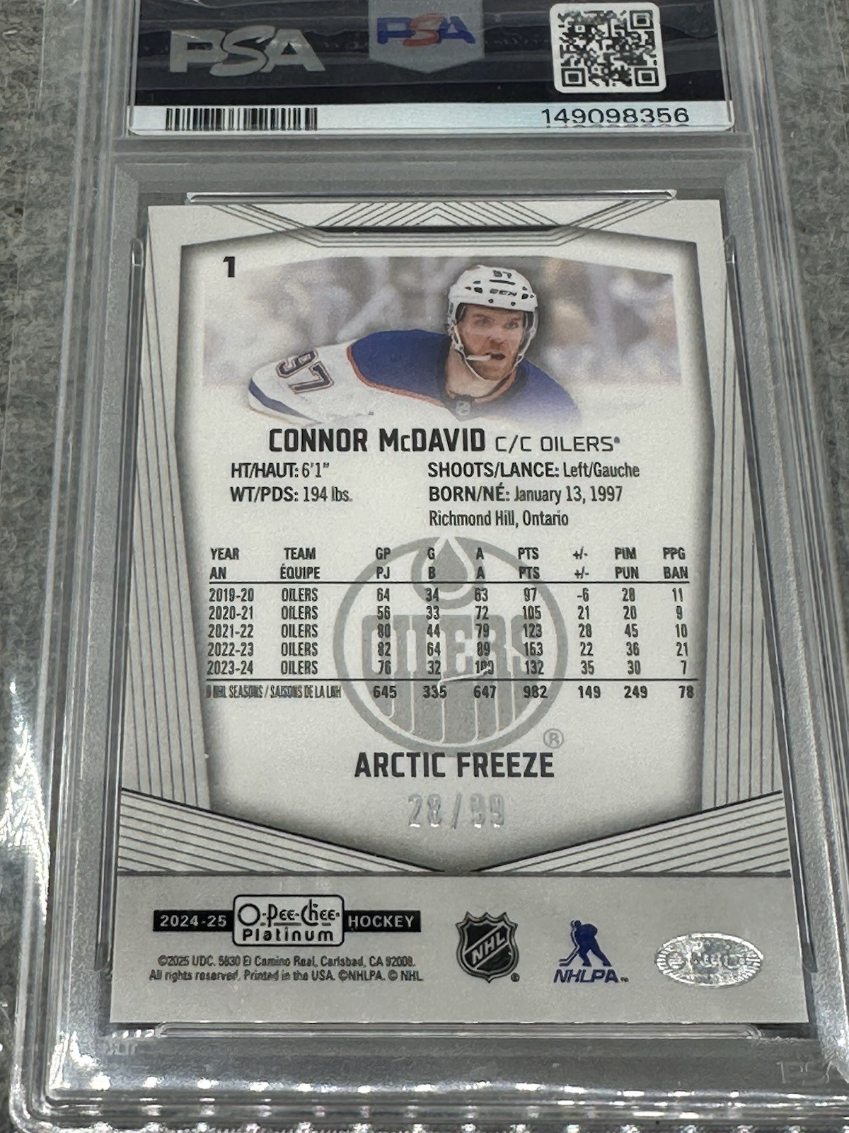 CONNOR McDAVID 2024 OPC Platinum #1 Arctic Freeze 28/99 PSA 10  AS view 7
