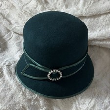 Betmar Cindy Cloche Hat Dark Green 100 Wool Felt Buckle Accent Wide Brim