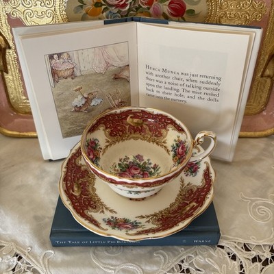 FOLEY Porzellan TEETASSE & UNTERTASSE 'MONTROSE' Rot Gold Floral Bouquet English Made 