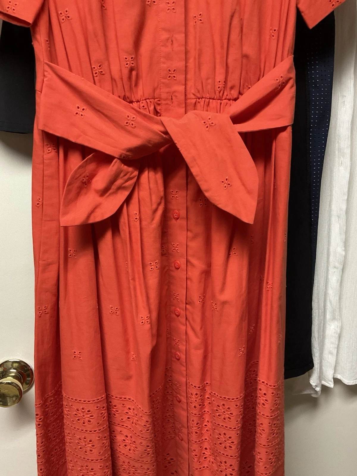 Camicia estiva Kate Spade arancione cravatta vita XS bottoni davanti midi manica corta