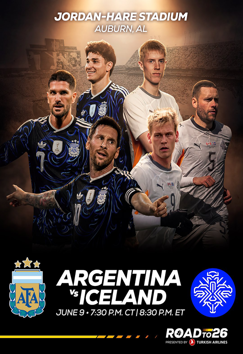 Argentina Vs Iceland Poster June 9 2026 Auburn AL Jordan-Hare