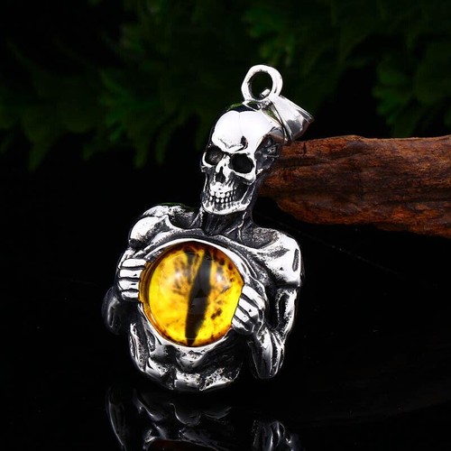 Pendant Necklace Stainless Steel Cool Men's Gothic Skeleton Skull Evil Eye Gift - Picture 6 of 34