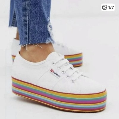 :…: Superga 2790 Platform Sneakers Women Size 39 White Canvas Rainbow