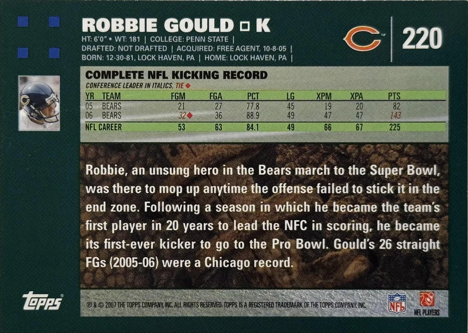 2007 Topps #220 Robbie Gould - Image 2 of 2