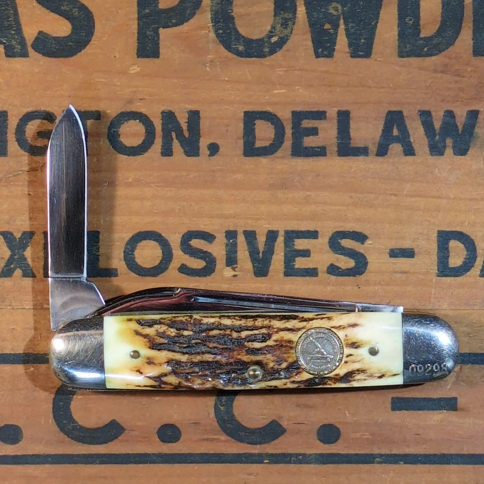 Vintage 1981 NKCA Queen Cutlery USA #03595 Stag 2 Blade Cigar Pocket Knife - Image 3 of 4