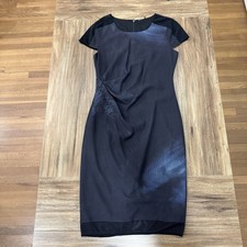 Elie Tahari Black Blue Mesh Sleeves Shirred Midi Dress Career Office Women Sz 6