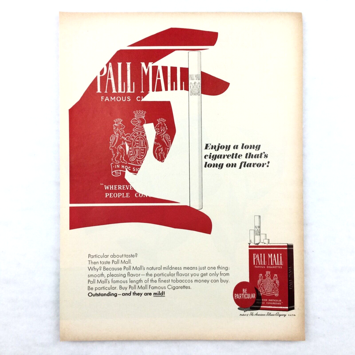 Vintage 1965 PALL MALL Cigarettes Print Ad RED HAND Crest Man Cave Bar Art  Decor
