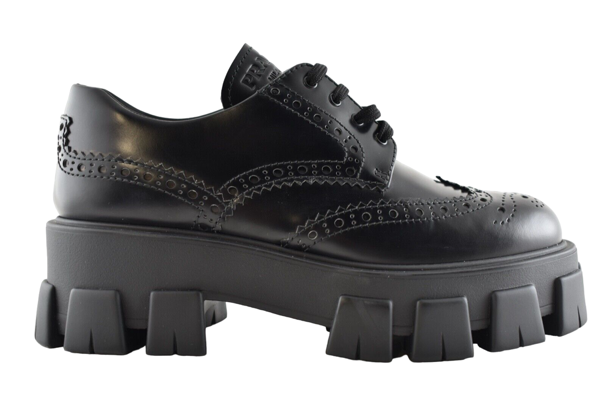 Prada Monolith Brogue Black Leather Platform Loafer Creeper Lace