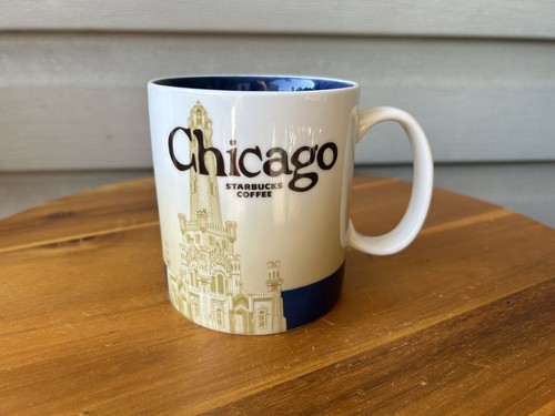 Starbucks 2009 Chicago City Collectors Series Blue Gold Ceramic Coffee Mug 16oz