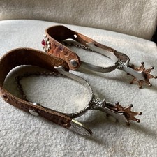Kids Childs Vintage Star Rowel Metal Spurs, Jeweled Leather Straps Heel Chains
