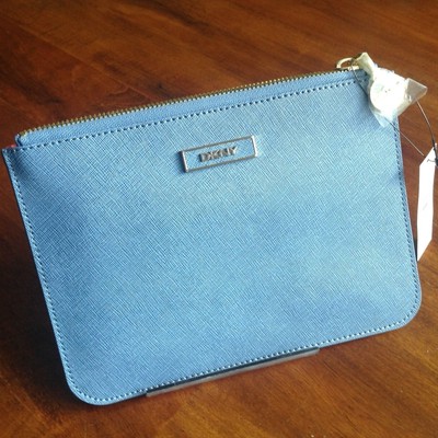 DKNY Zipper Tech Holder Accessory Pouch Bag Saffiano Leather BLUE Dustbag NWT
