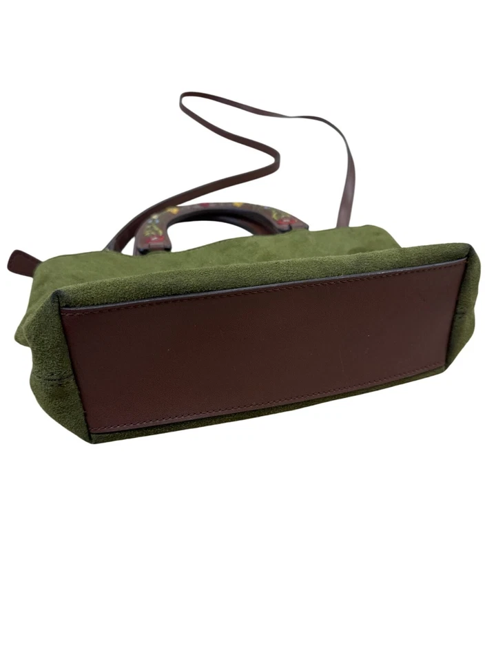 Bolso Bandolera Reliquia Verde Gamuza Cuero Marrón Asa Floral SKU 7056 Foto 4 de 4