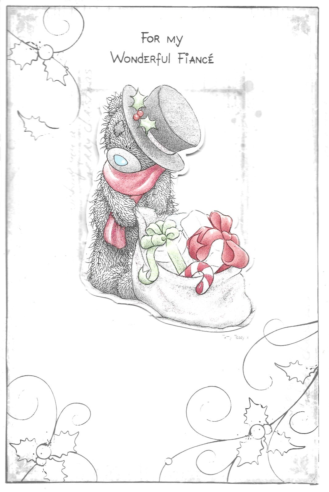 Fiancee Christmas Card - Wonderful Fiance - Tatty Teddy Boater Sack of Presents