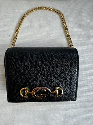 極美✨GUCCI Zumi ホースビット ゴールドチェーン コンパクトウォレット New Gucci Zumi Black Leather Gold Chain Bi-Fold Mini Wallet GG