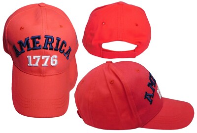 America 1776 Red Cotton Embroidered Baseball Cap Hat