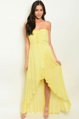yellow strapless maxi dress