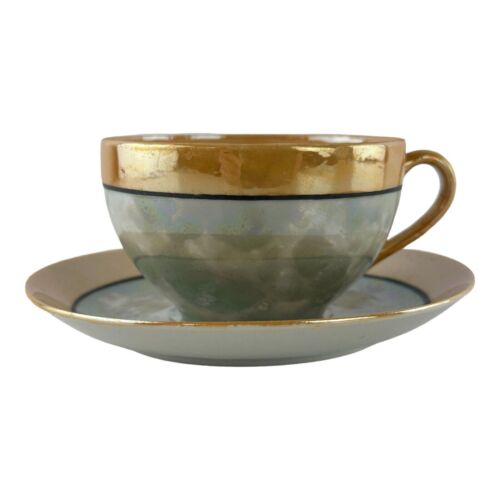 Vintage Japanese Lusterware Tea Cup and Saucer Peach Gray Green and Black Japan - Picture 2 of 14