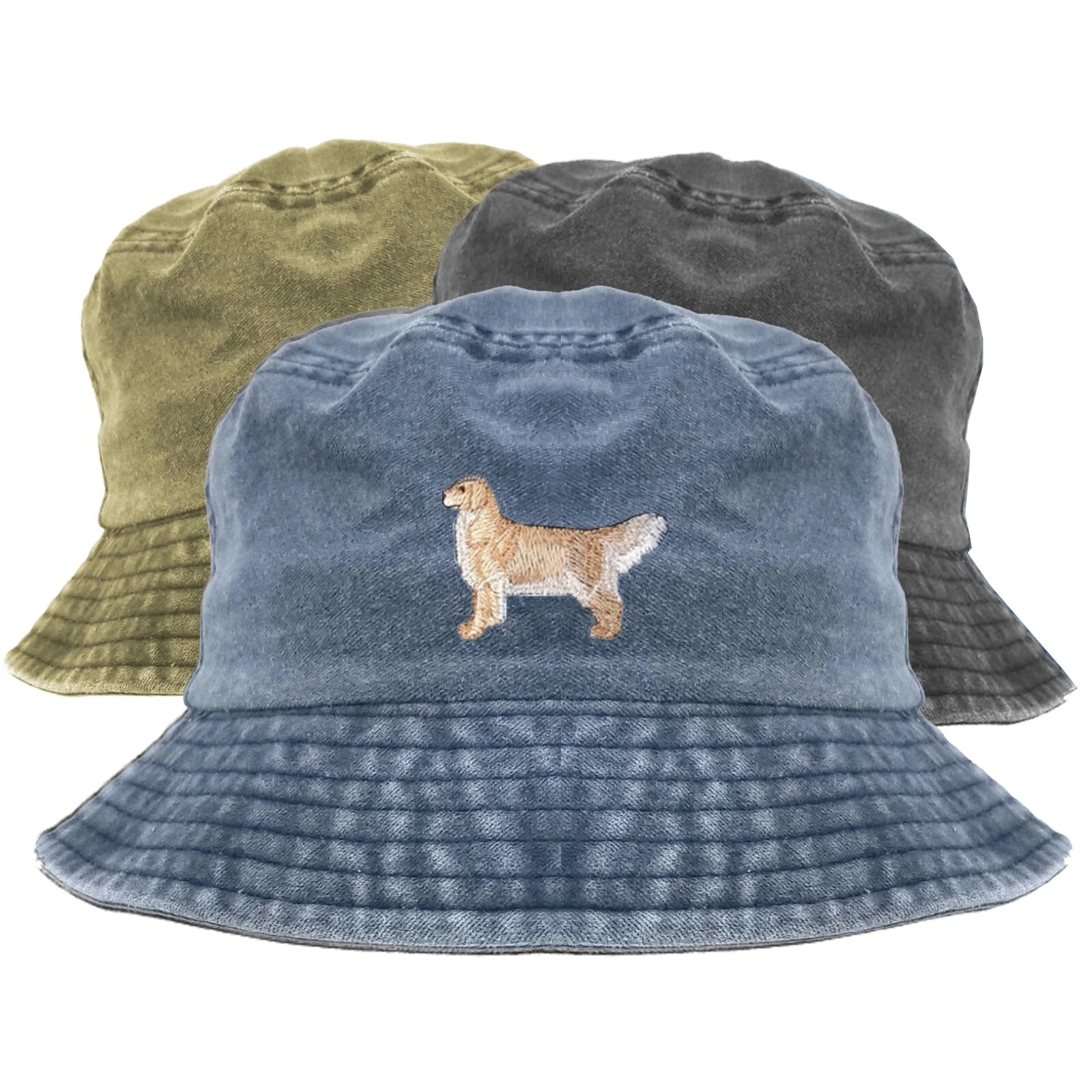 Golden retriever dog embroidered bucket hat, pigment dyed bucket hat