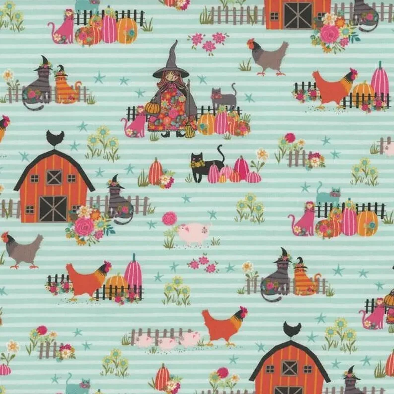 Kitty Loves Candy The Good Witch Teal 23911 Halloween Fabric by the Half Yard