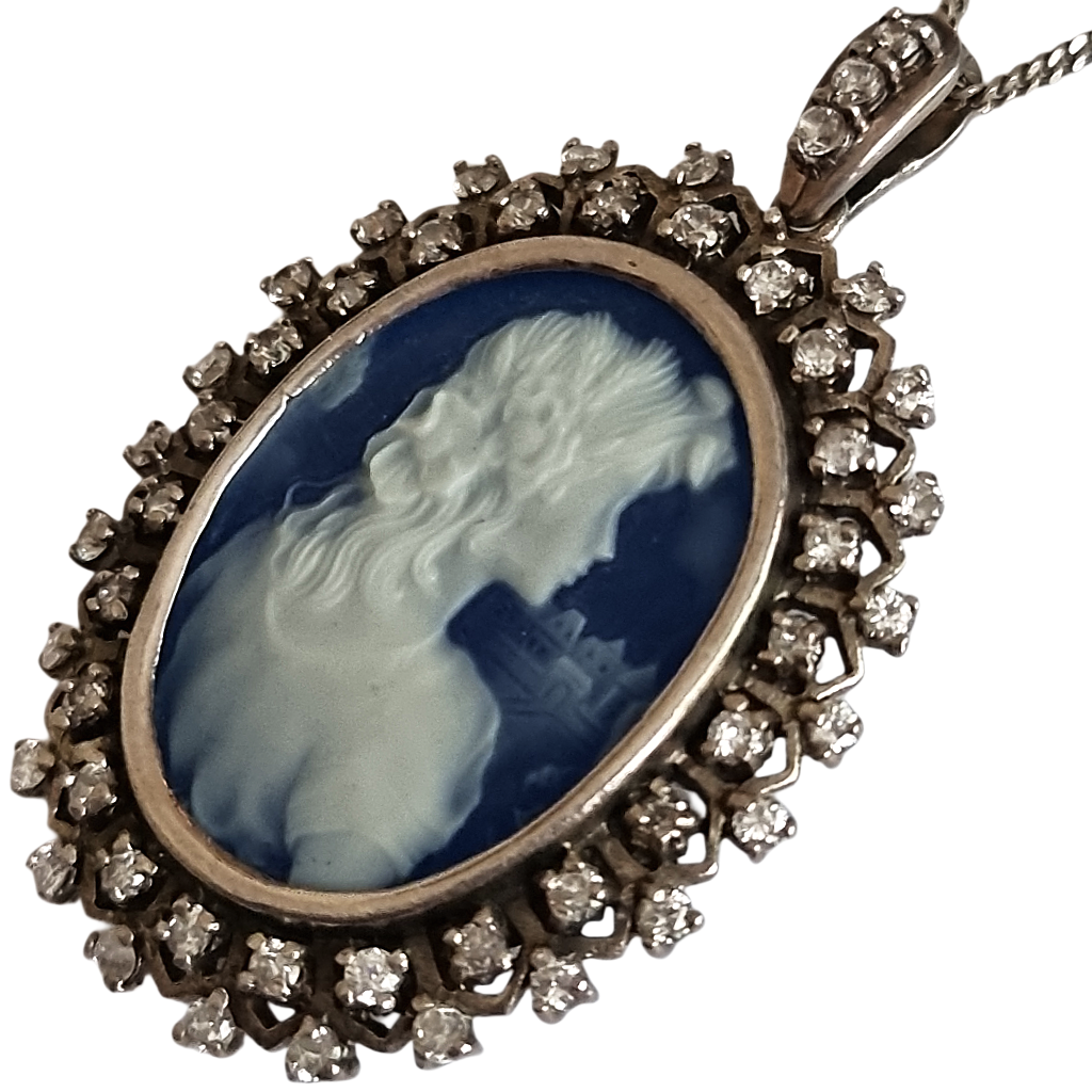 Vintage Sterling Silver Blue Agate Cameo Paste Necklace | eBay