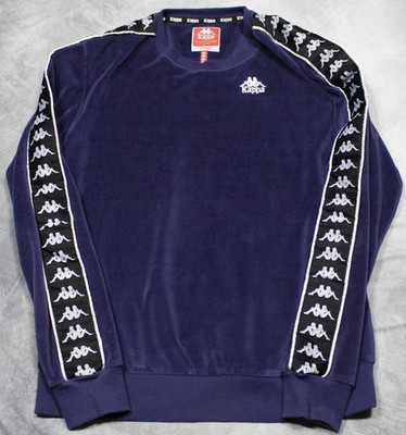 Kappa Sweatshirt Mens Large Blue Velour Crewneck Pullover Logo Tape Sleeves