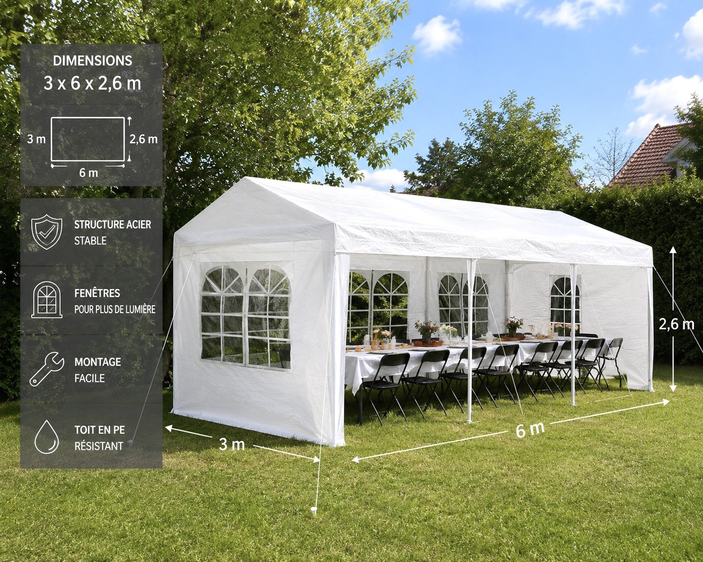 Tonnelle de jardin 3x6m étanche avec parois amovibles pour réception 20 personnes