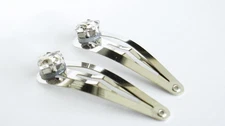 2 silver metal crystal snap hair clip barrettes