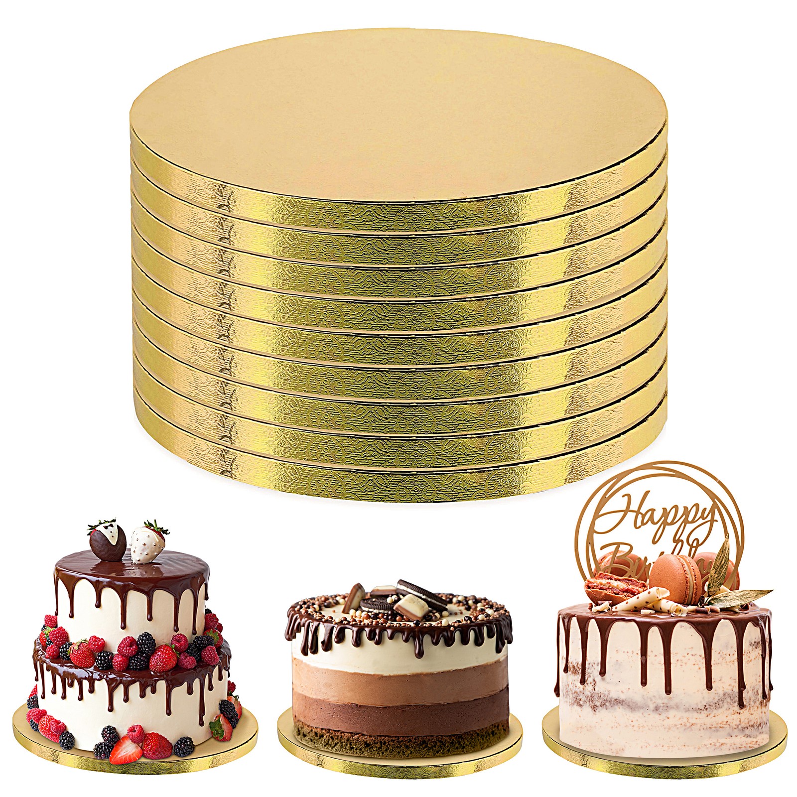 Spec101 Round Cake Boards Bulk 12pk - 10 Inch Cake Drum Gold 1/2in Smooth Edge