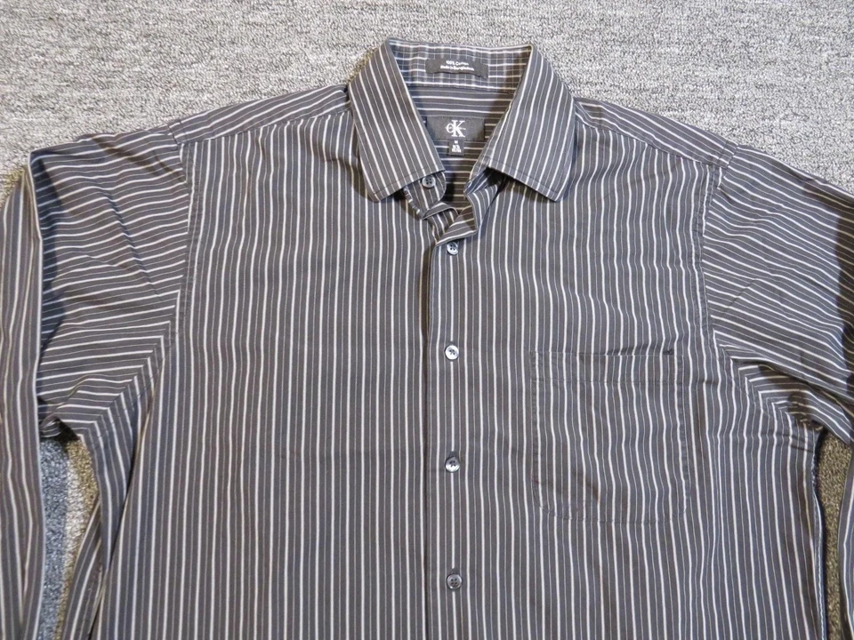 Calvin Klein Shirt Mens Medium Gray White Striped Button Up Long Sleeve Pocket - Image 2 of 4