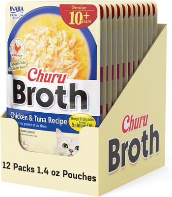 INABA Churu Broth for Cats Senior 10+, Chicken Broth with Shredded Chicken Side