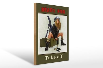 Holzschild Spruch 30x40 cm Ready for Take off Frau auf Kiste Deko Schild