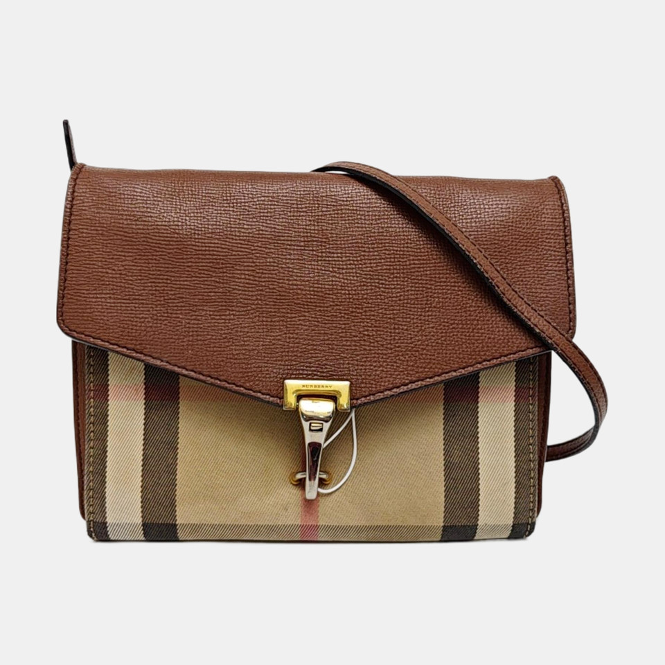 Auth BURBERRY Macken Check Beige Canvas Brown Leather Small Shoulder Crossbody